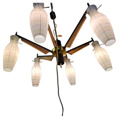 Pareja de lámparas de araña modernas de mediados de siglo de Stilnovo 6 luces de cristal y teca C1958