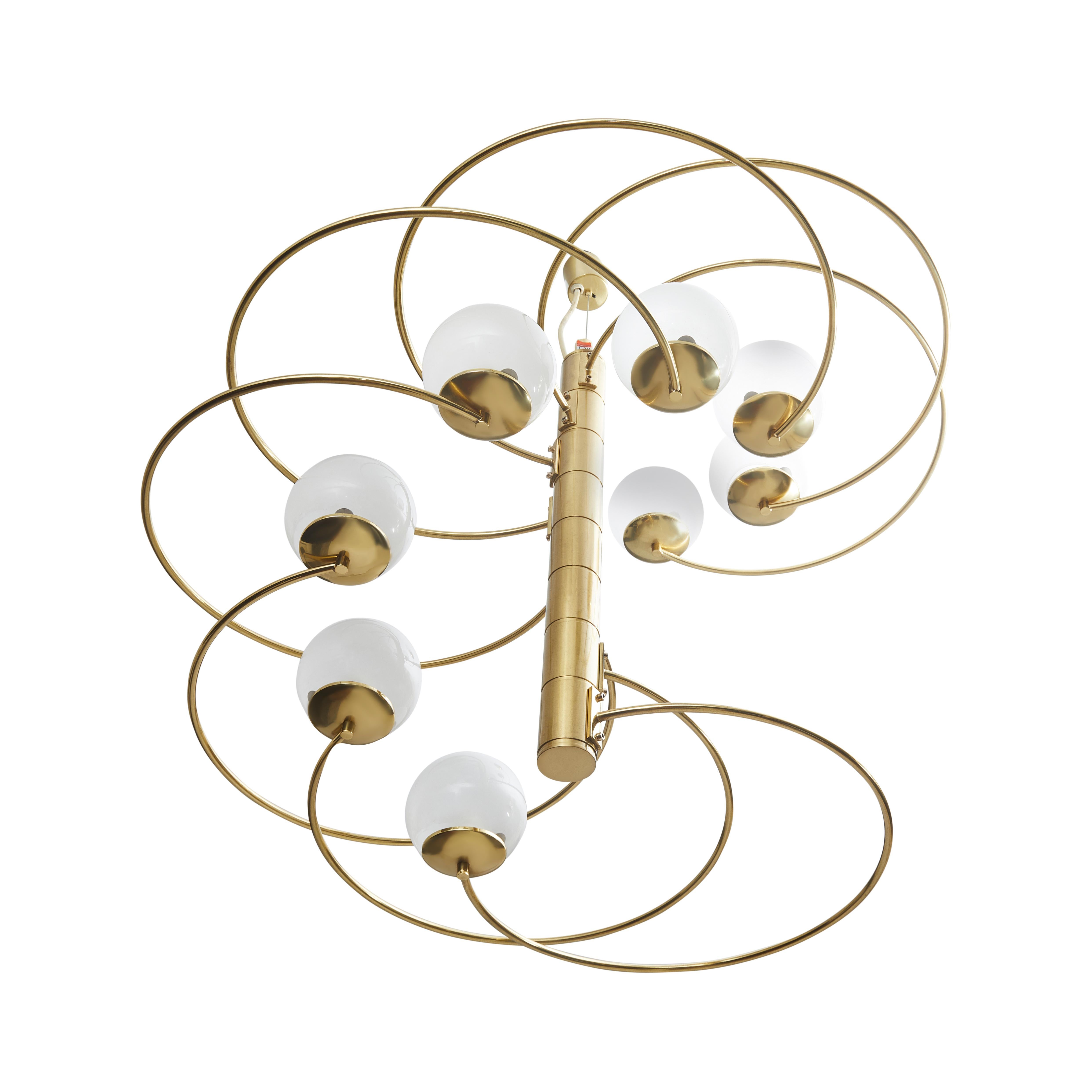 Italian Pair of Mid Century Modern Chandeliers in Brass and Glass by Pia Guidetti Crippa