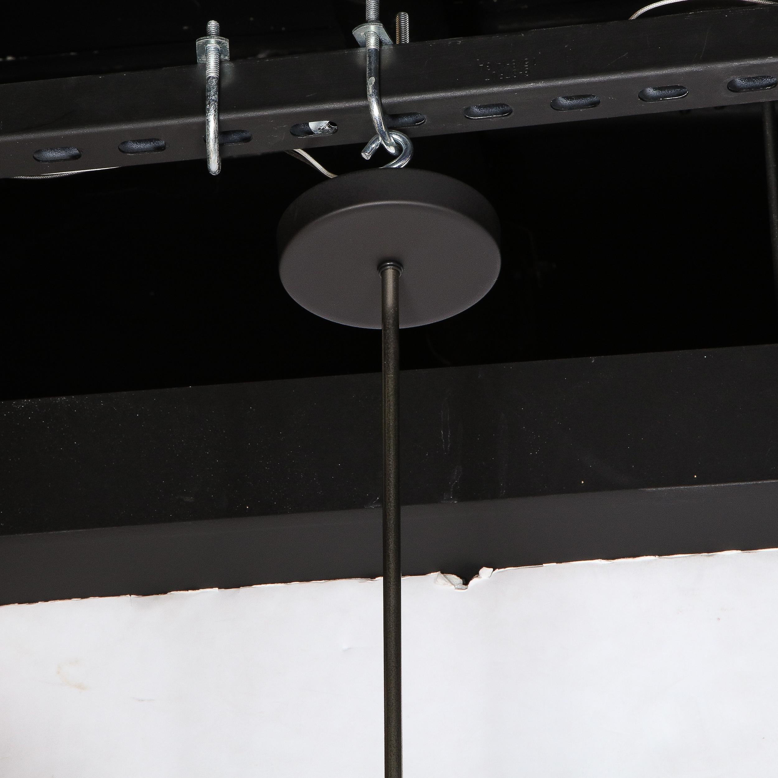 Mid-20th Century Pair of Mid-Century Modern Chandeliers in Frosted Glass, Black Enamel & Chrome For Sale