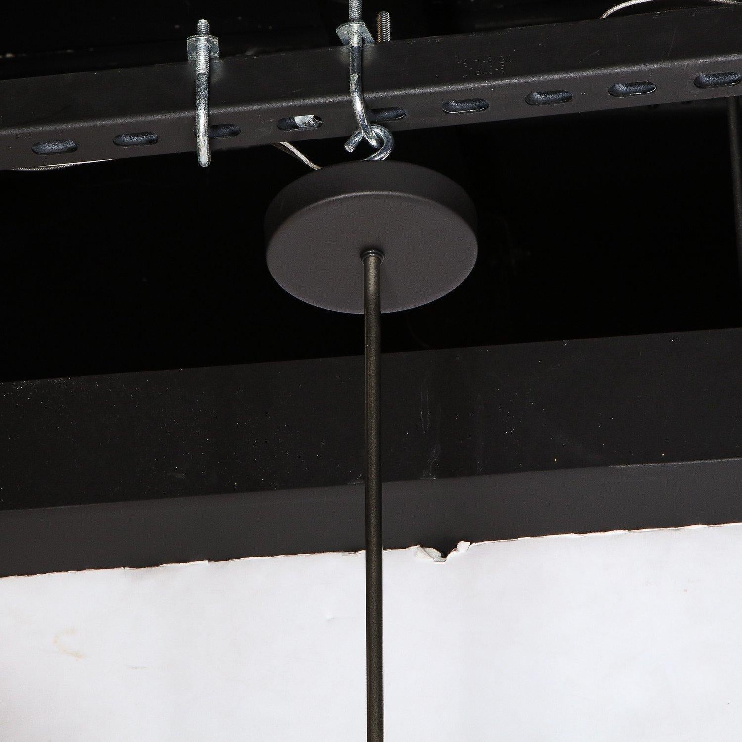 Metà XX secolo Coppia di lampadari moderni di metà secolo in vetro smerigliato, smalto nero e cromo in vendita