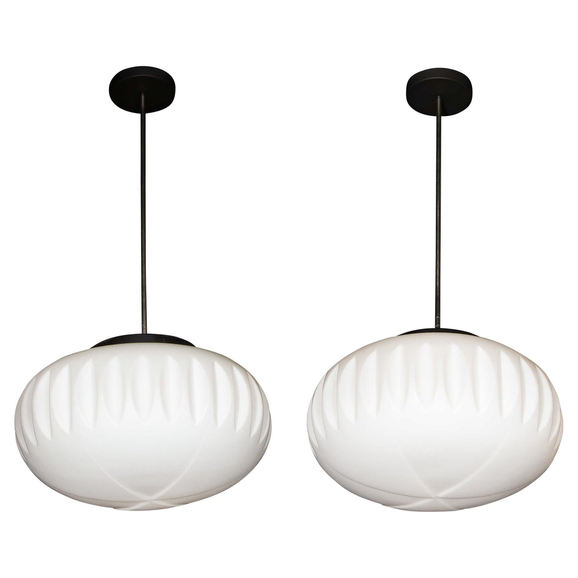 Pair of Mid-Century Modern Chandeliers in Frosted Glass, Black Enamel & Chrome For Sale