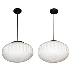 Pair of Mid-Century Modern Chandeliers in Frosted Glass, Black Enamel & Chrome