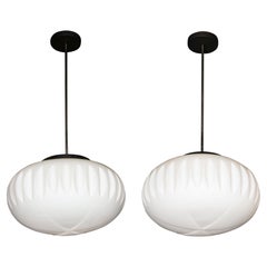 Retro Pair of Mid-Century Modern Chandeliers in Frosted Glass, Black Enamel & Chrome