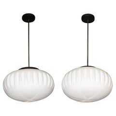 Pair of Mid-Century Modern Chandeliers in Frosted Glass, Black Enamel & Chrome