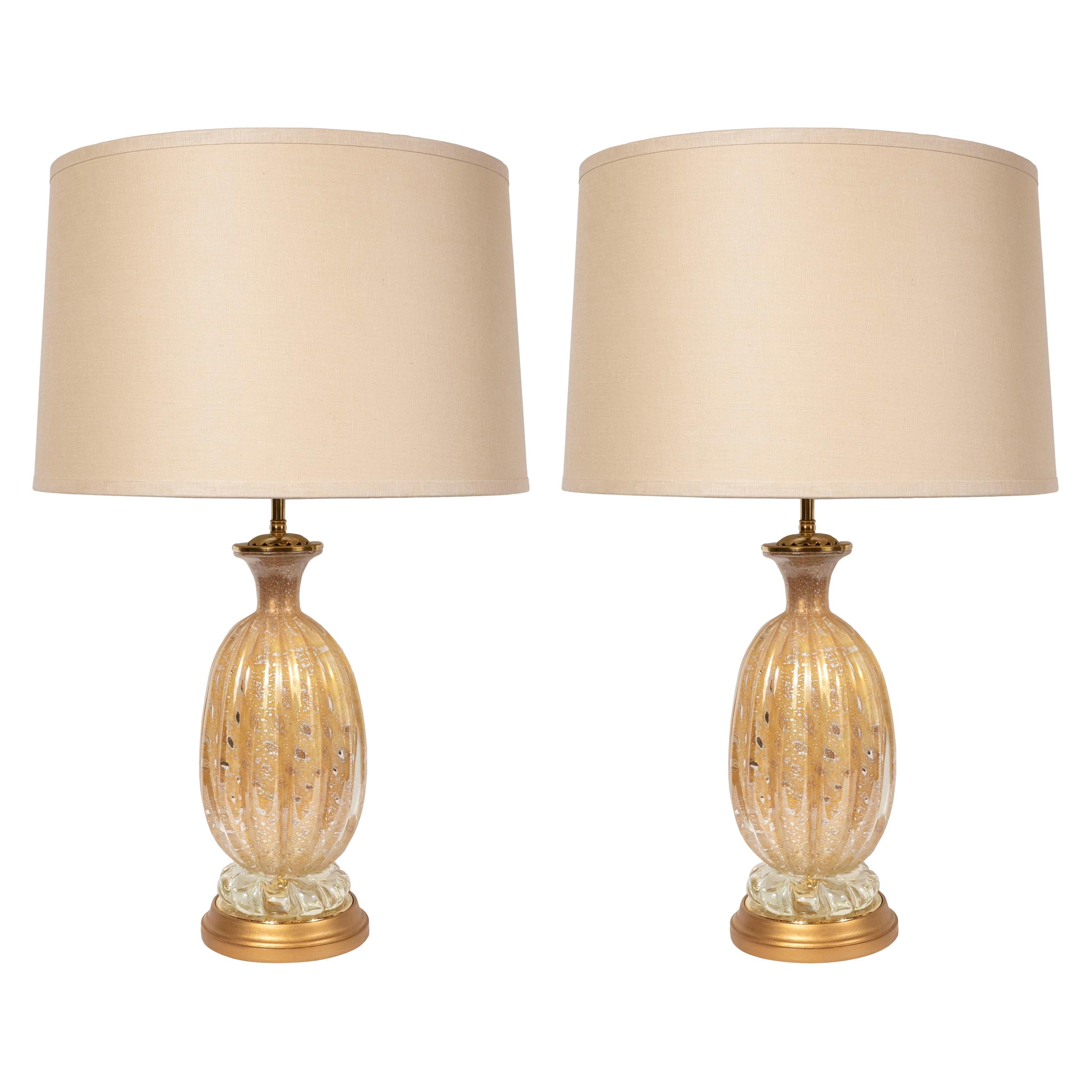 Pair of Mid-Century Modern Channeled 24-Karat Gold Table Lamps, Barovier e Toso