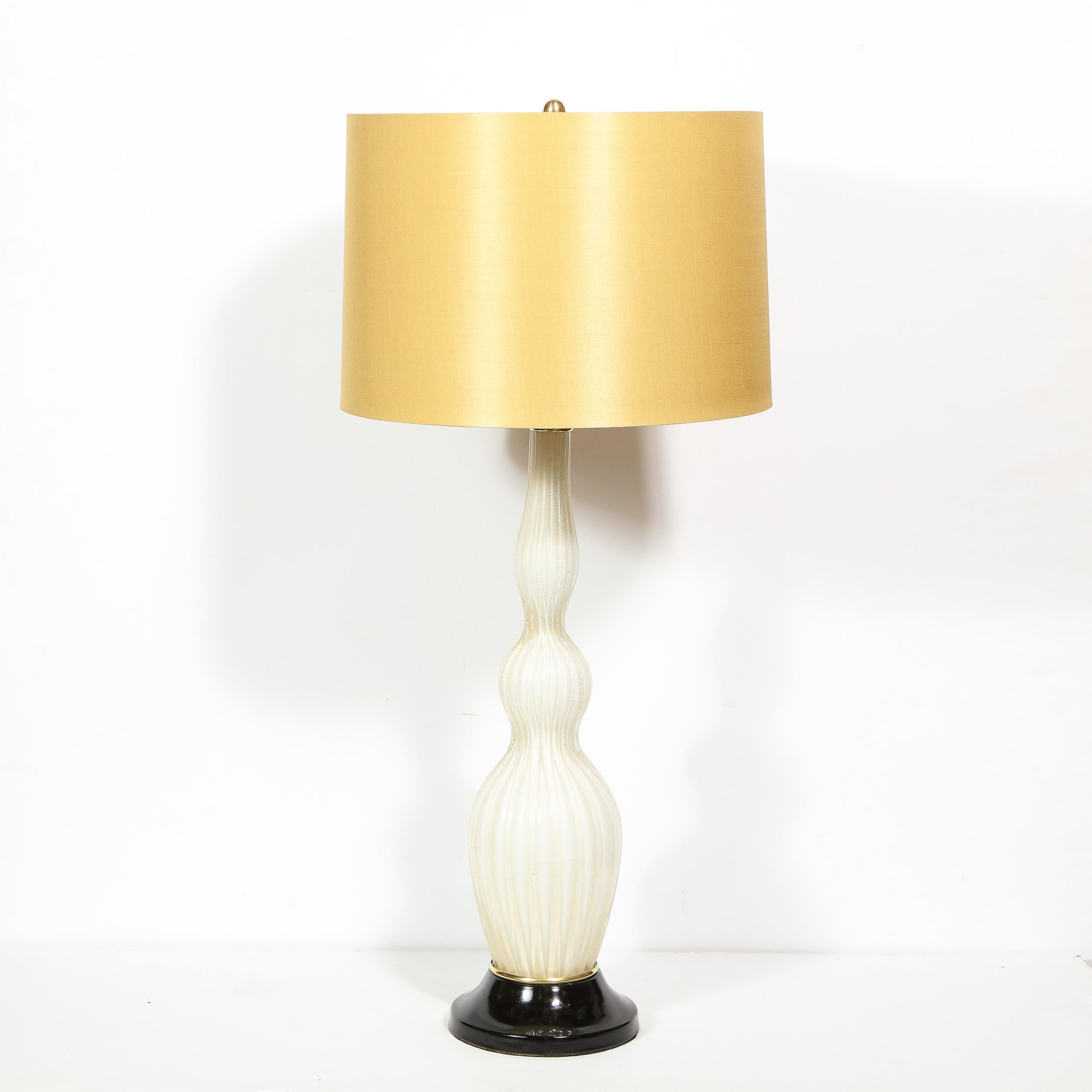 Brass Pair of Mid-Century Modern Channeled White Murano Glass Malmaison Table Lamps