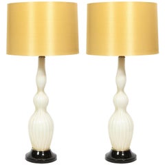 Pair of Mid-Century Modern Channeled White Murano Glass Malmaison Table Lamps
