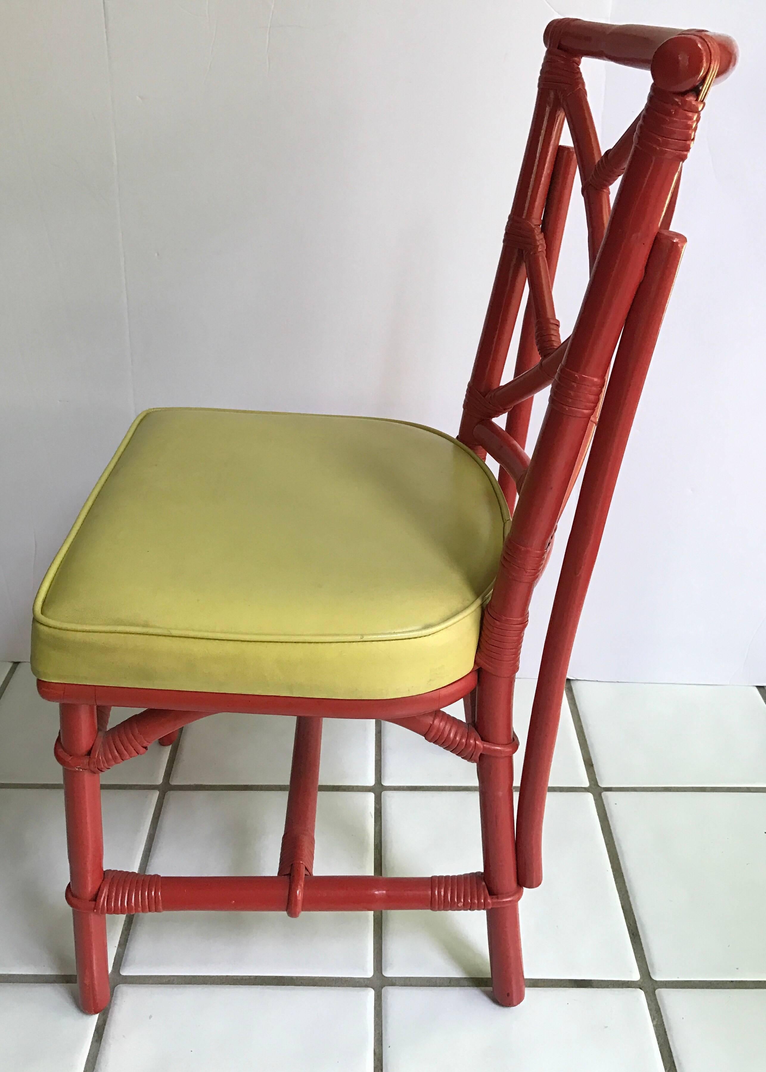 American Pair of Mid-Century Modern Chinese Chippendale DIA Bamboo Red Side Chairs