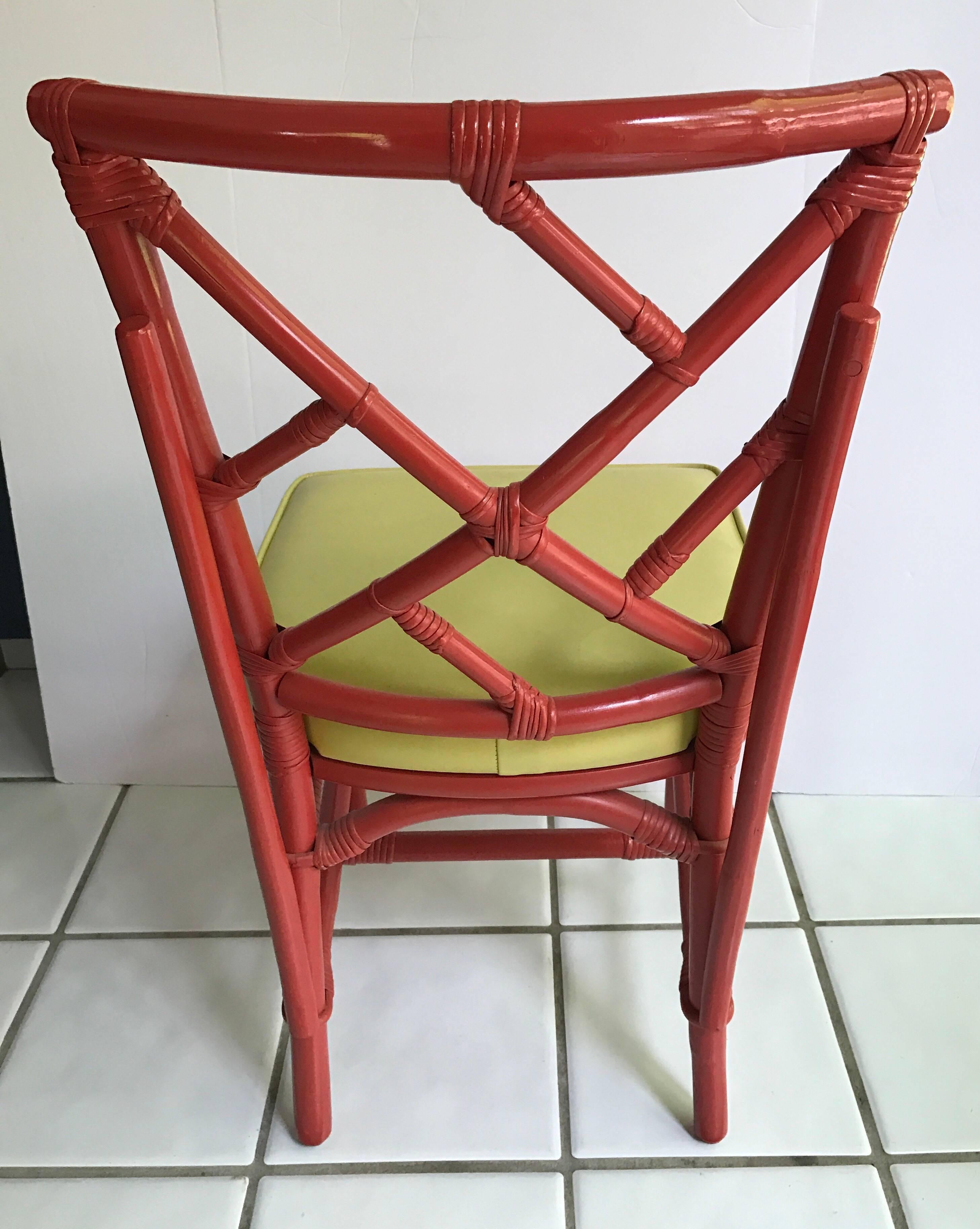 Pair of Mid-Century Modern Chinese Chippendale DIA Bamboo Red Side Chairs In Excellent Condition In West Hartford, CT