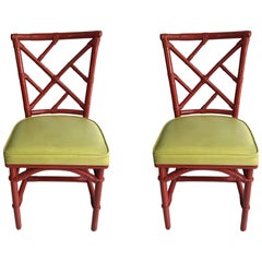 Pair of Mid-Century Modern Chinese Chippendale DIA Bamboo Red Side Chairs
