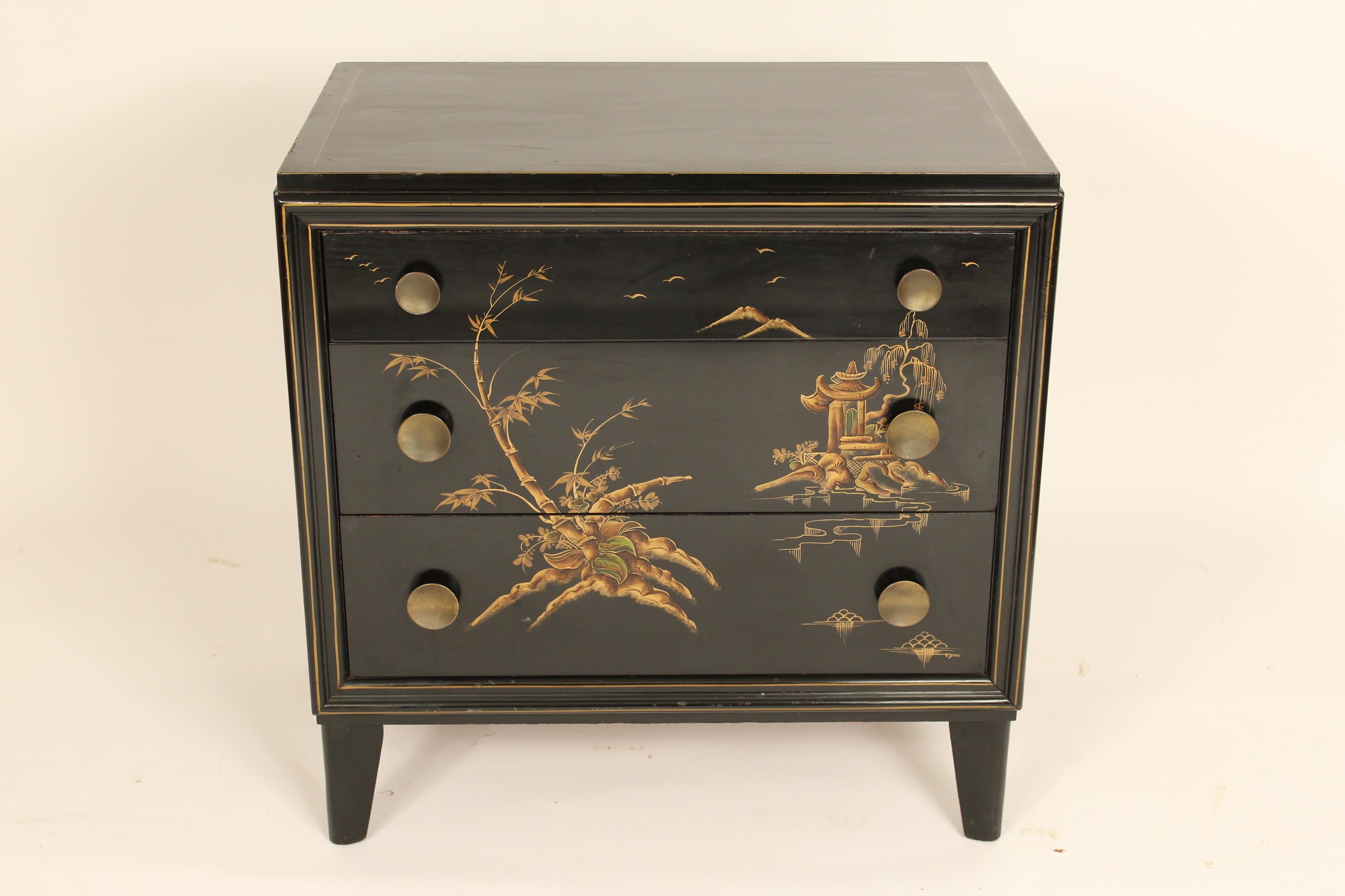 American Pair of Mid-Century Modern Chinoiserie Decorated Chests of Drawers