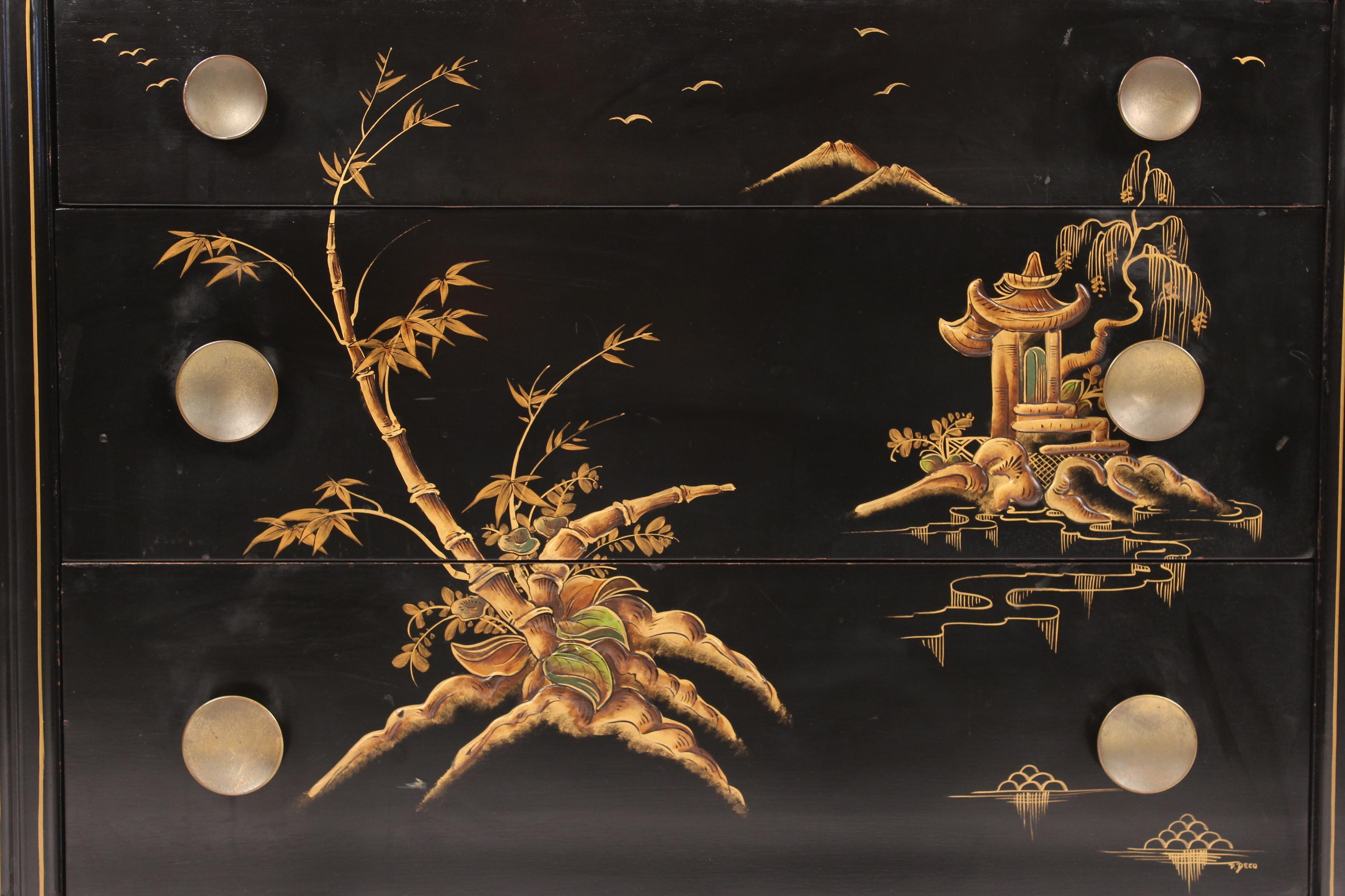 Pair of Mid-Century Modern Chinoiserie Decorated Chests of Drawers 2