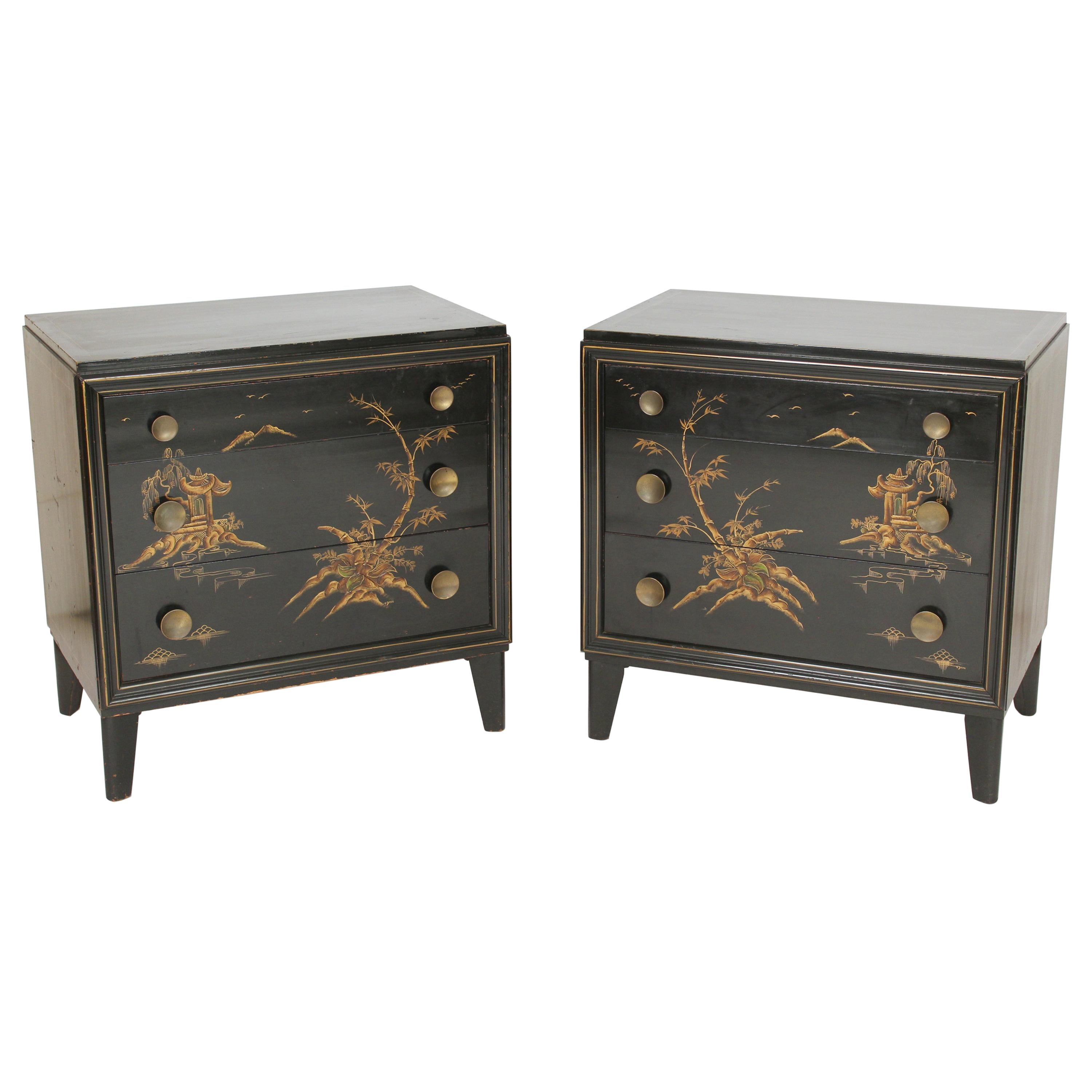 Pair of Mid-Century Modern Chinoiserie Decorated Chests of Drawers
