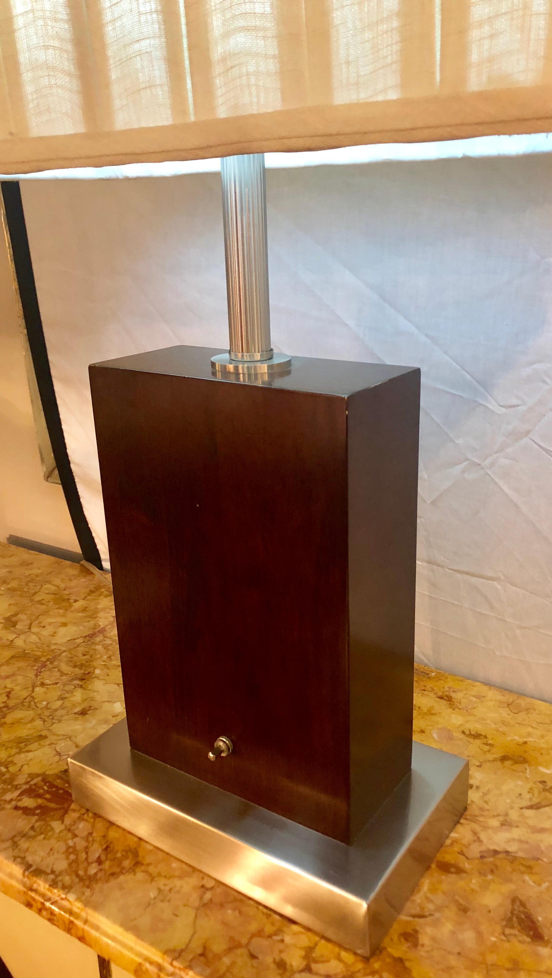 Pair of Mid-Century Modern Chrome and Wood Base Table Lamps with Matching Shade 7