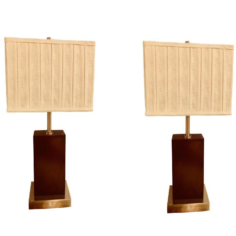 Pair of Mid-Century Modern Chrome and Wood Base Table Lamps with Matching Shade