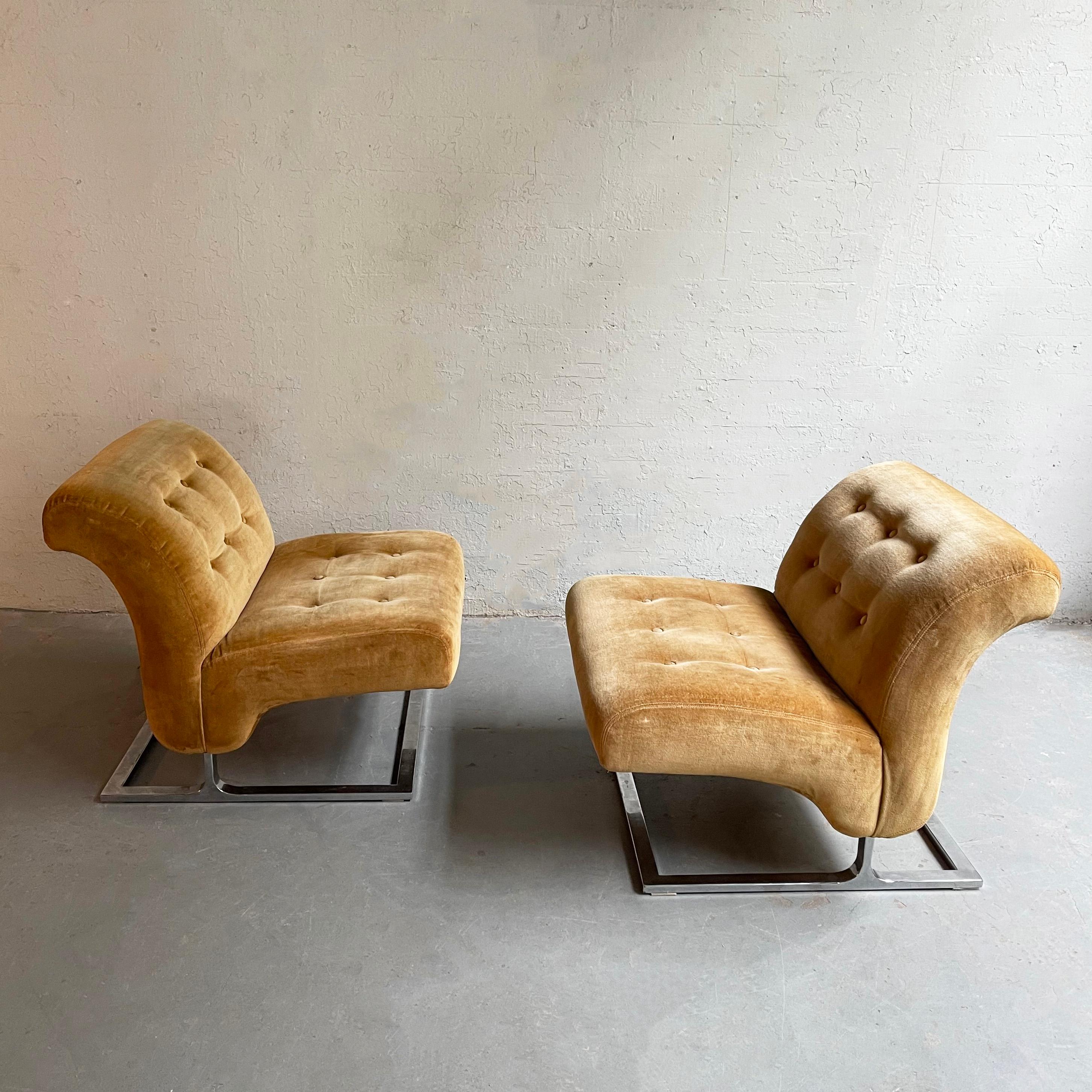 Velvet Pair Of Mid-Century Modern Chrome Cantilever Slipper Lounge Chairs For Sale