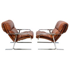Paire de chaises de bar plates chromées mi-siècle modernes, Italie, années 1970