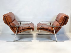 Pair of Mid Century Modern Chrome Flat Bar Lounge Chairs, Italy 1970's