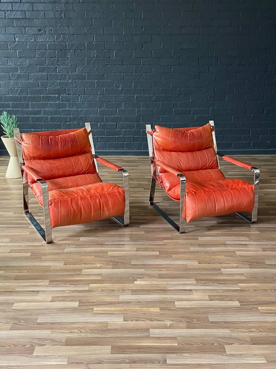 American Pair of Mid-Century Modern Chrome & Leather Lounge Chairs