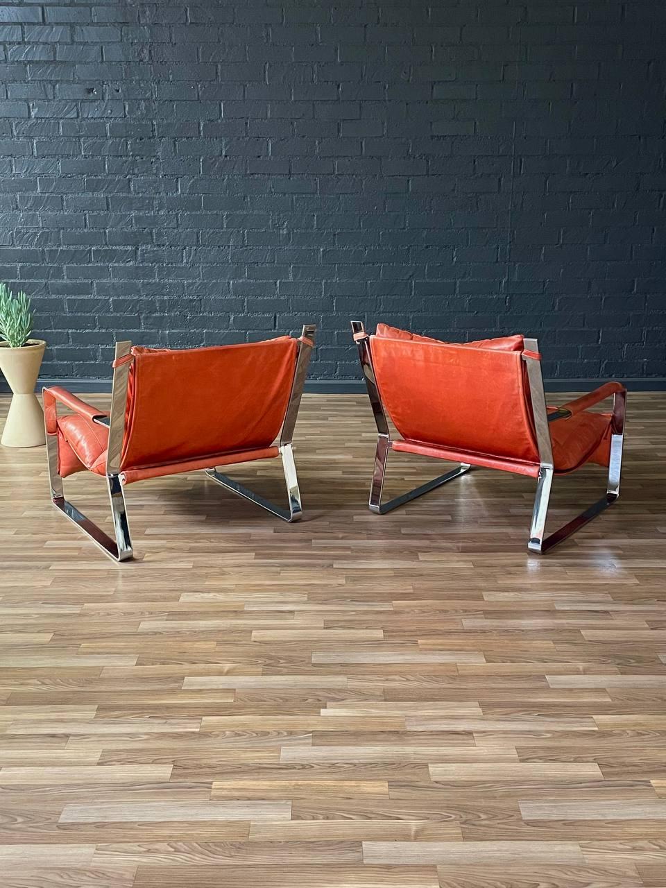 Pair of Mid-Century Modern Chrome & Leather Lounge Chairs 1