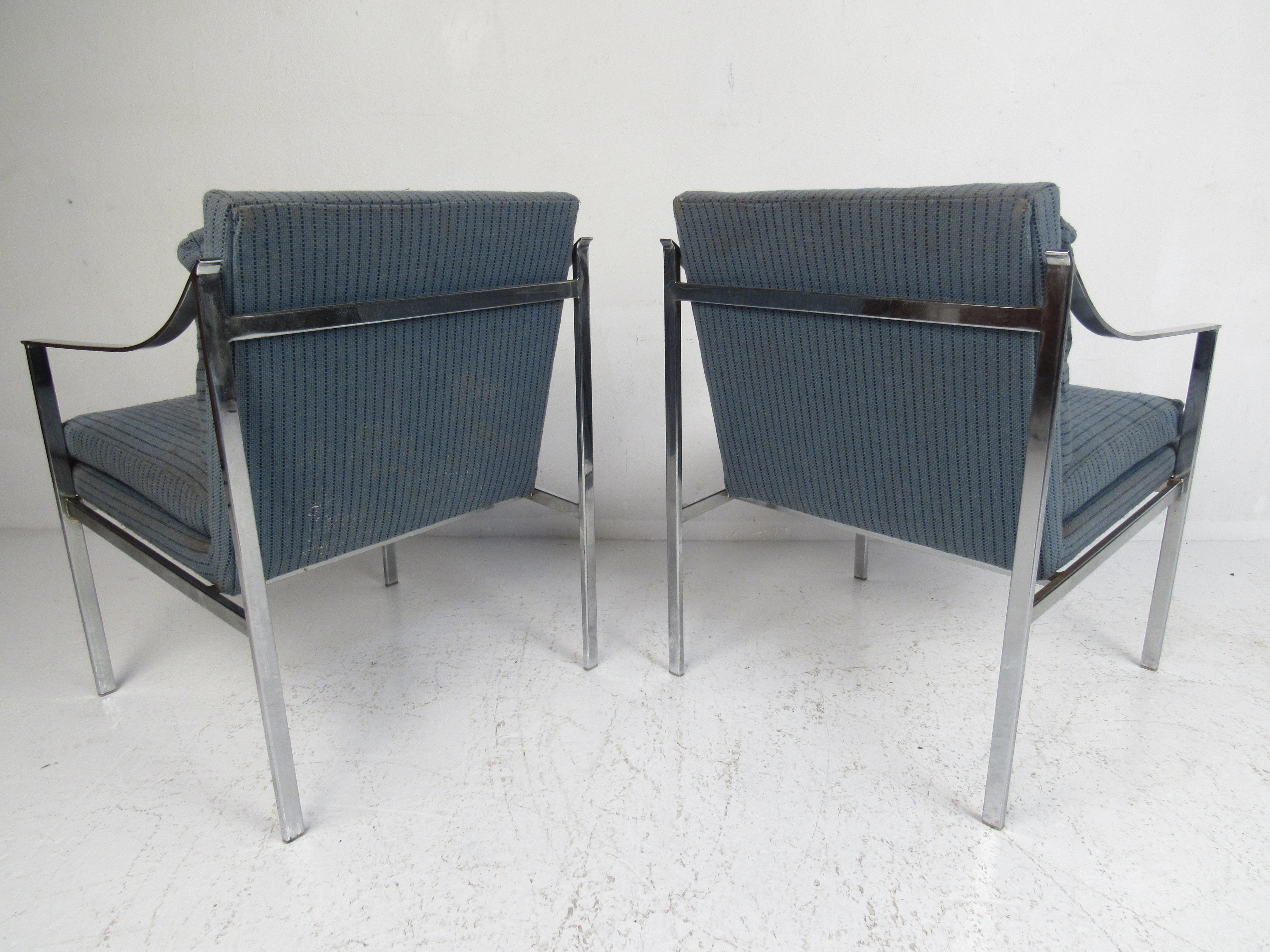 Upholstery Pair of Mid-Century Modern Chrome Lounge Chairs For Sale