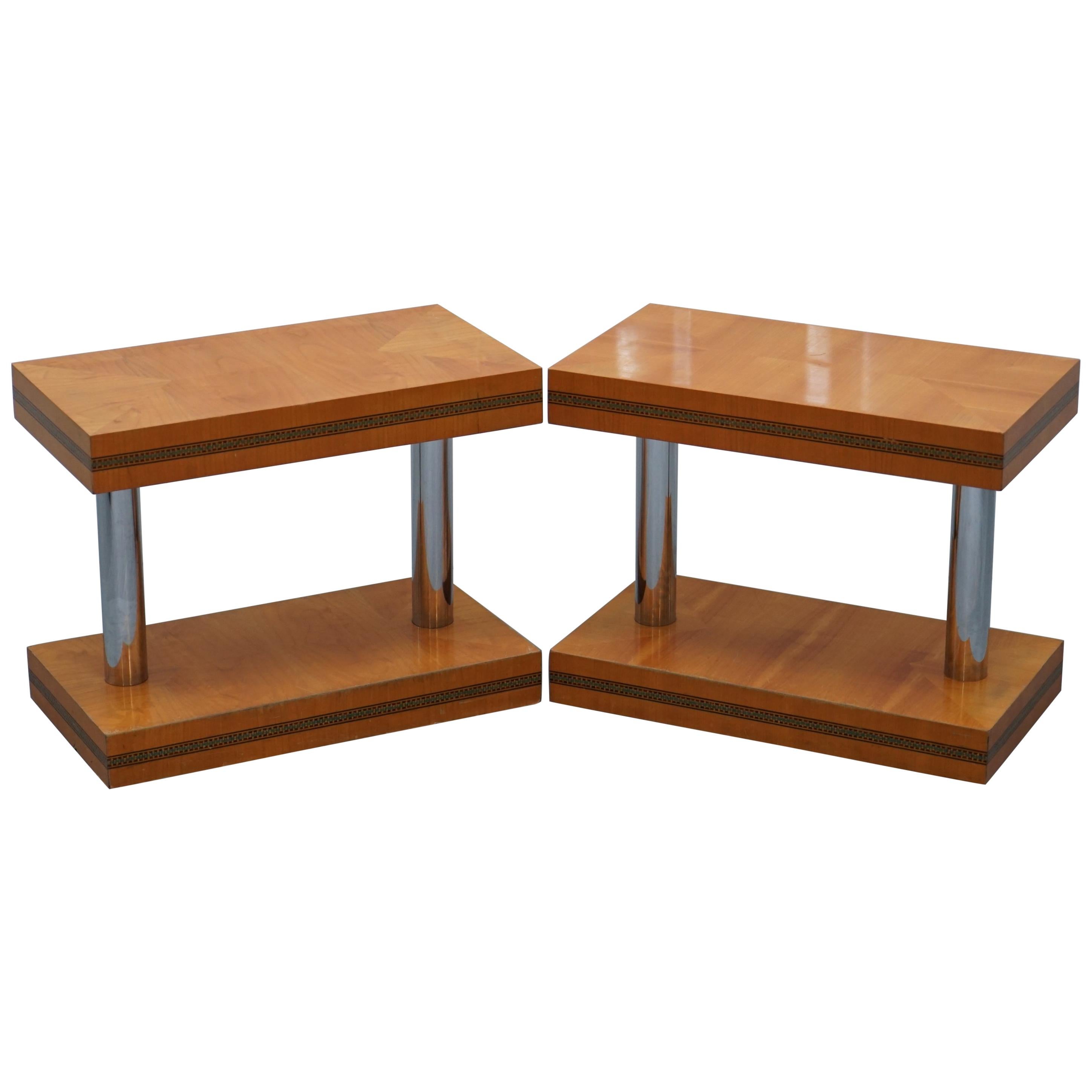Pair of Mid-Century Modern Chrome-Plated & Satinwood Side End Wine Lamp Tables