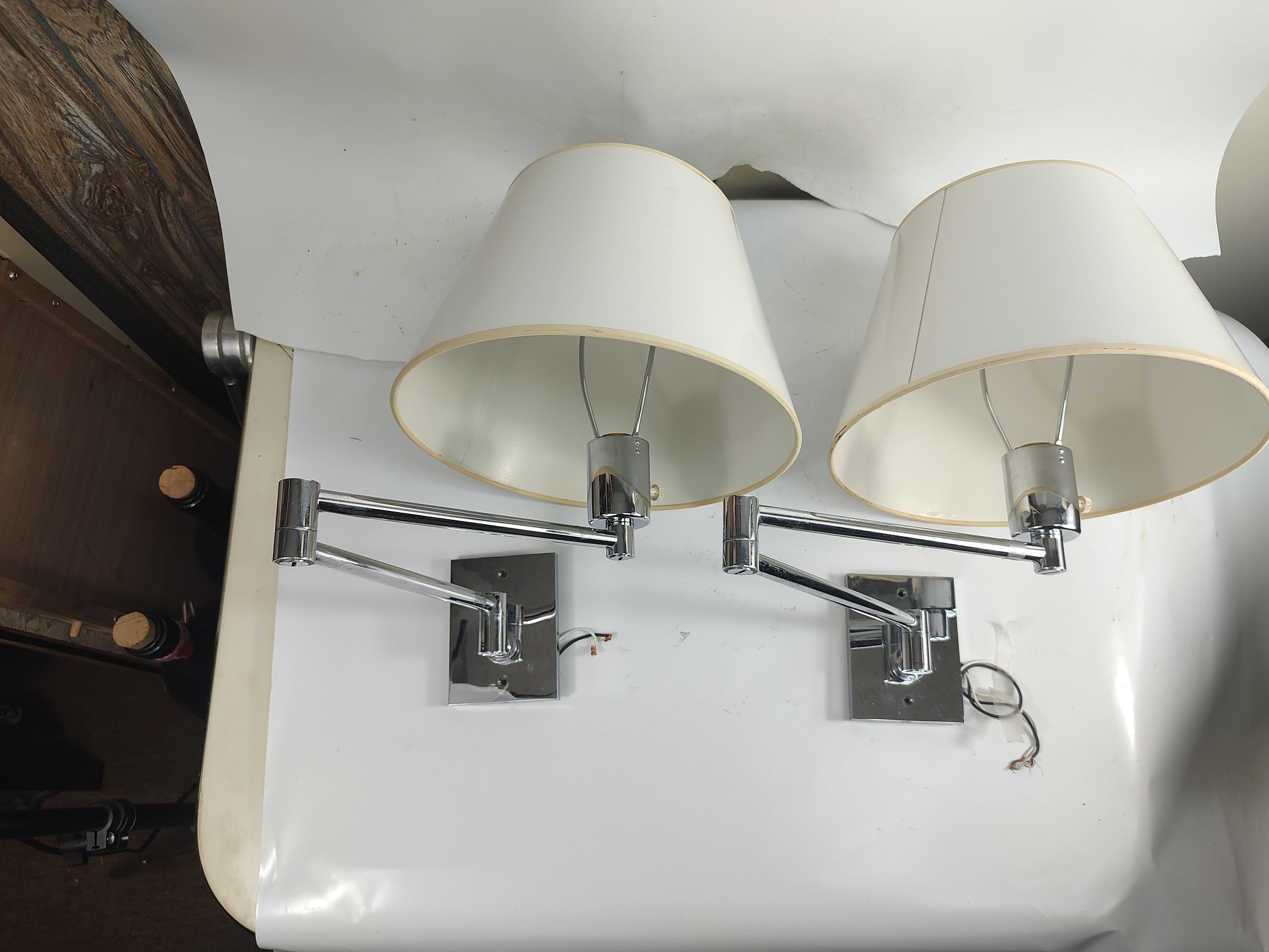 American Pair of Mid Century Modern Chrome Swing Arm Wall Sconces By Hansen Lighting Co. For Sale