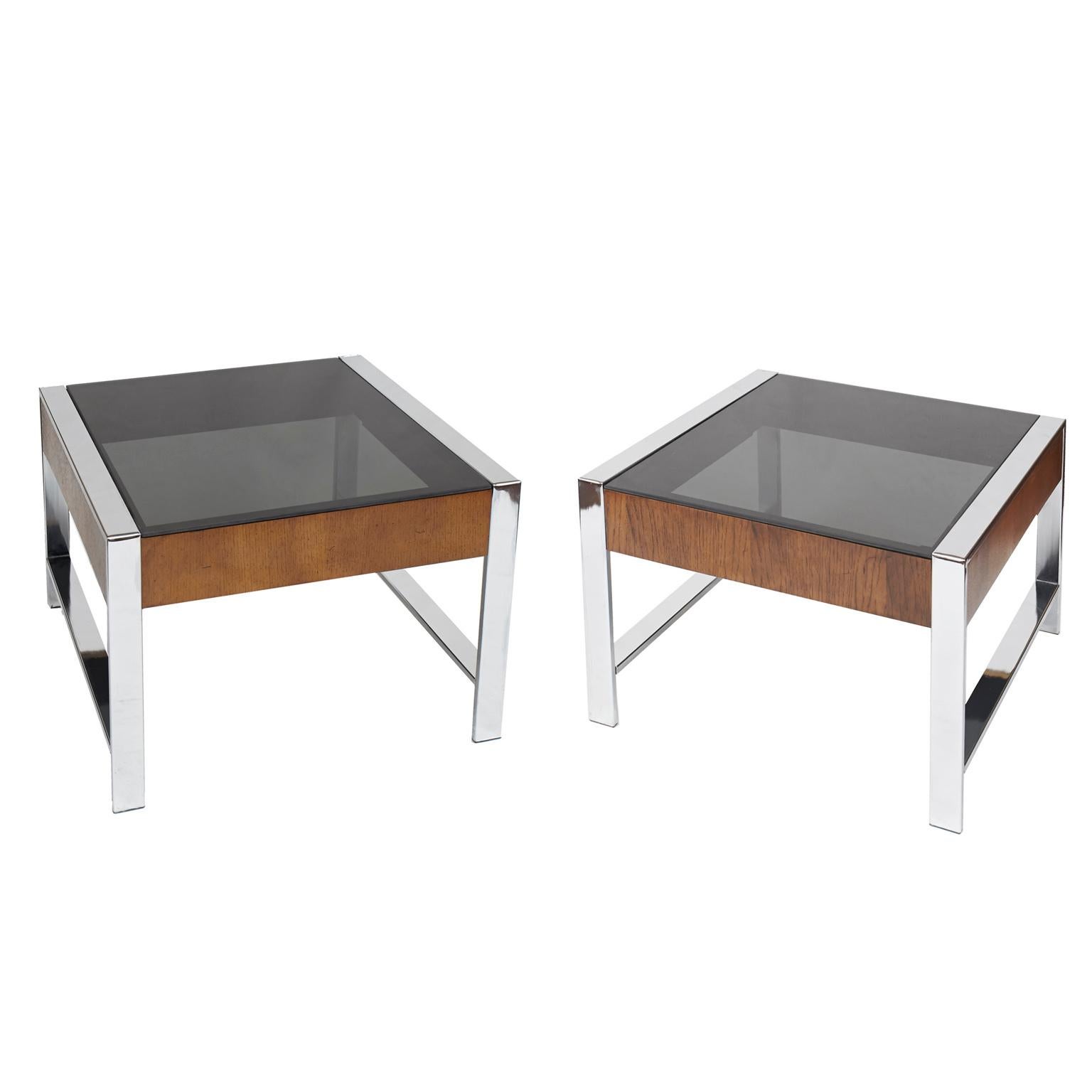 Pair of Mid-Century Modern Chrome, Walnut Veneer and Smoke Glass End Tables
