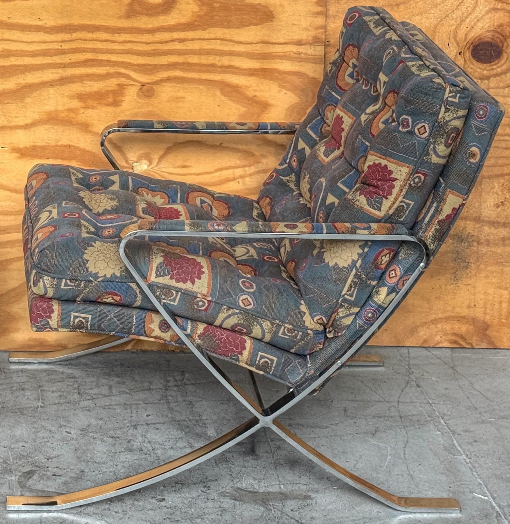 Mid-Century moderno Coppia di sedie da salotto con base a X in cromo, Bernhardt, circa anni Settanta in vendita