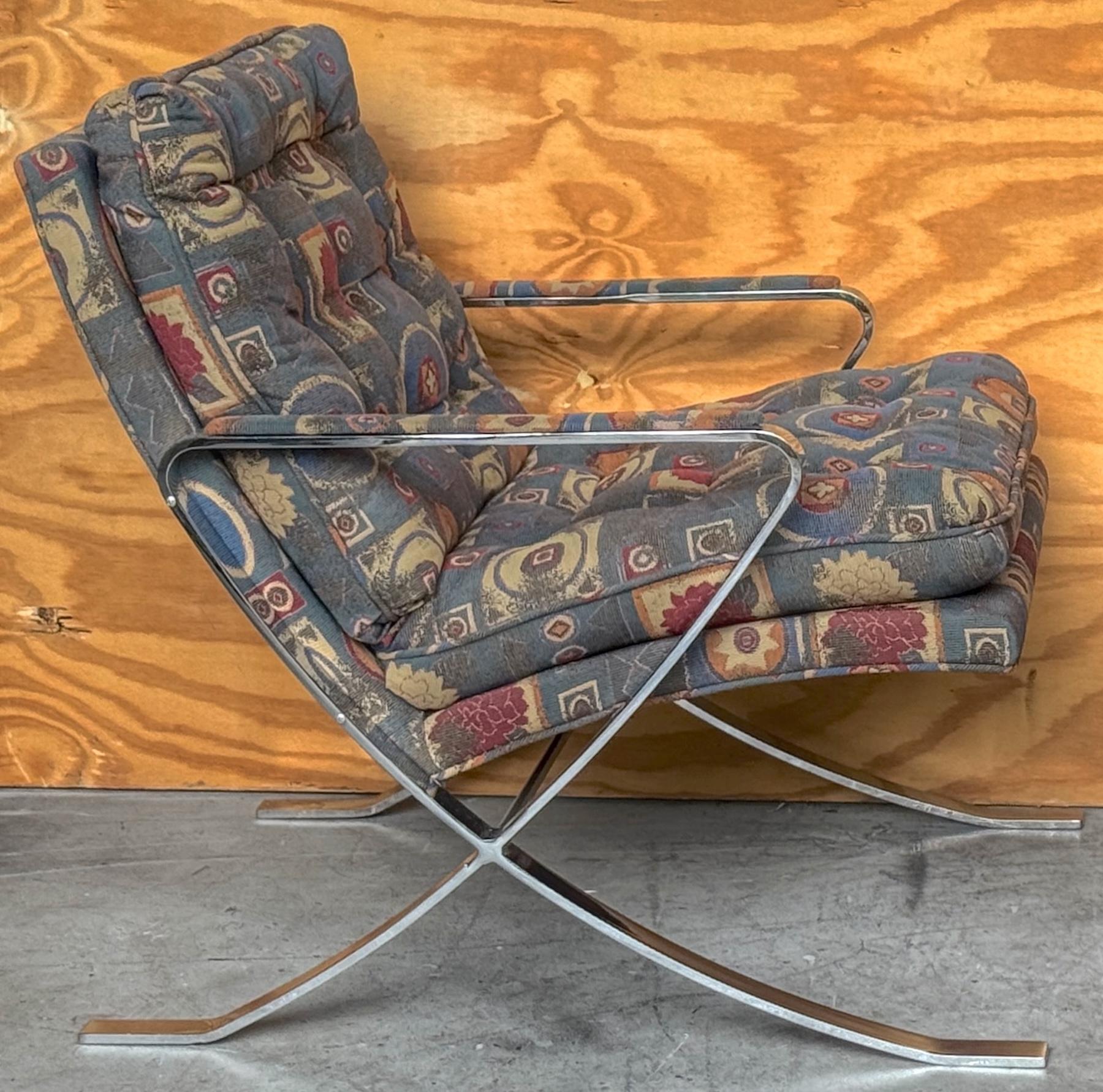 Lucidato Coppia di sedie da salotto con base a X in cromo, Bernhardt, circa anni Settanta in vendita