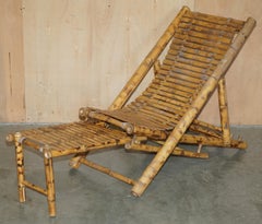 PAIR OF MiD CENTURY MODERN CIR 1950 BAMBOO RECLINING SLING ARMCHAIRS & FOOTSTOOL