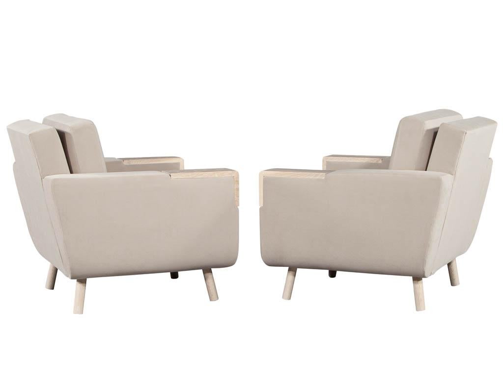 Fabric Pair of Mid-Century Modern Club Chairs Cerused Oak