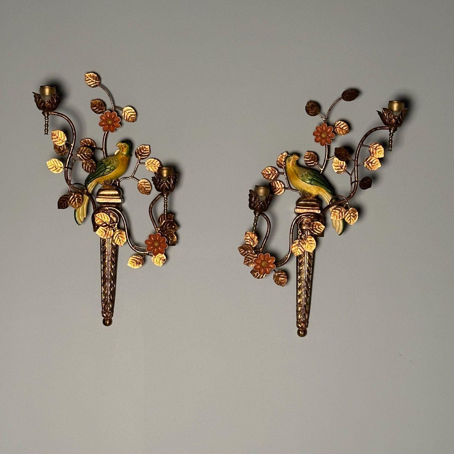 Pair of Mid Century Modern Colorful Parrot Wall Sconces / Lights, Hand Painted 12