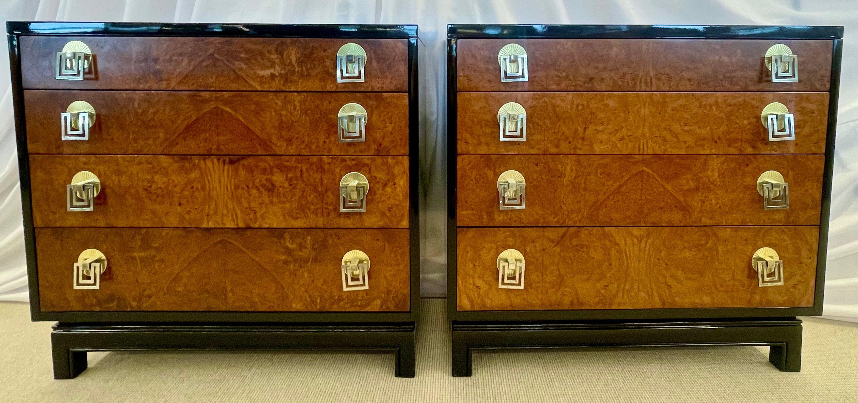 Pair of Mid-Century Modern Commodes, Chests by Renzo Rutili for John Stuart, Fully Refinished. An absolutely stunning pair of bedside cabinets or chests having Birdseye Maple drawer fronts with Art Deco Gilt Drawer Pulls. The drawers are graduating