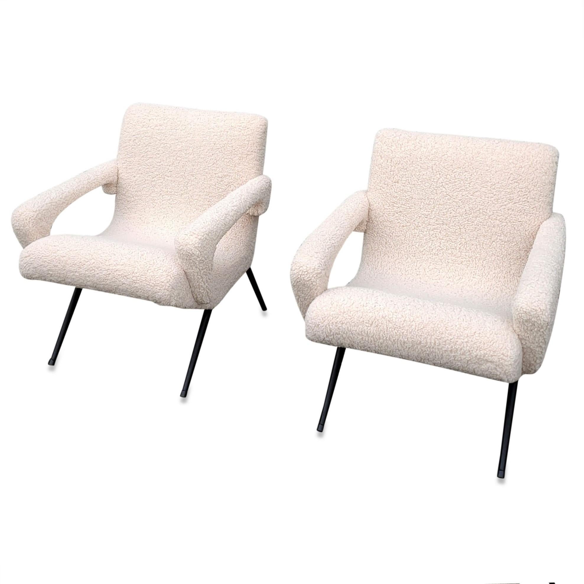 Lacquered Pair of Mid-Century Modern Compact Armchairs in White Bouclette, France, 1950s