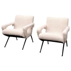 Pair of Mid-Century Modern Compact Armchairs in White Bouclette, France, 1950s