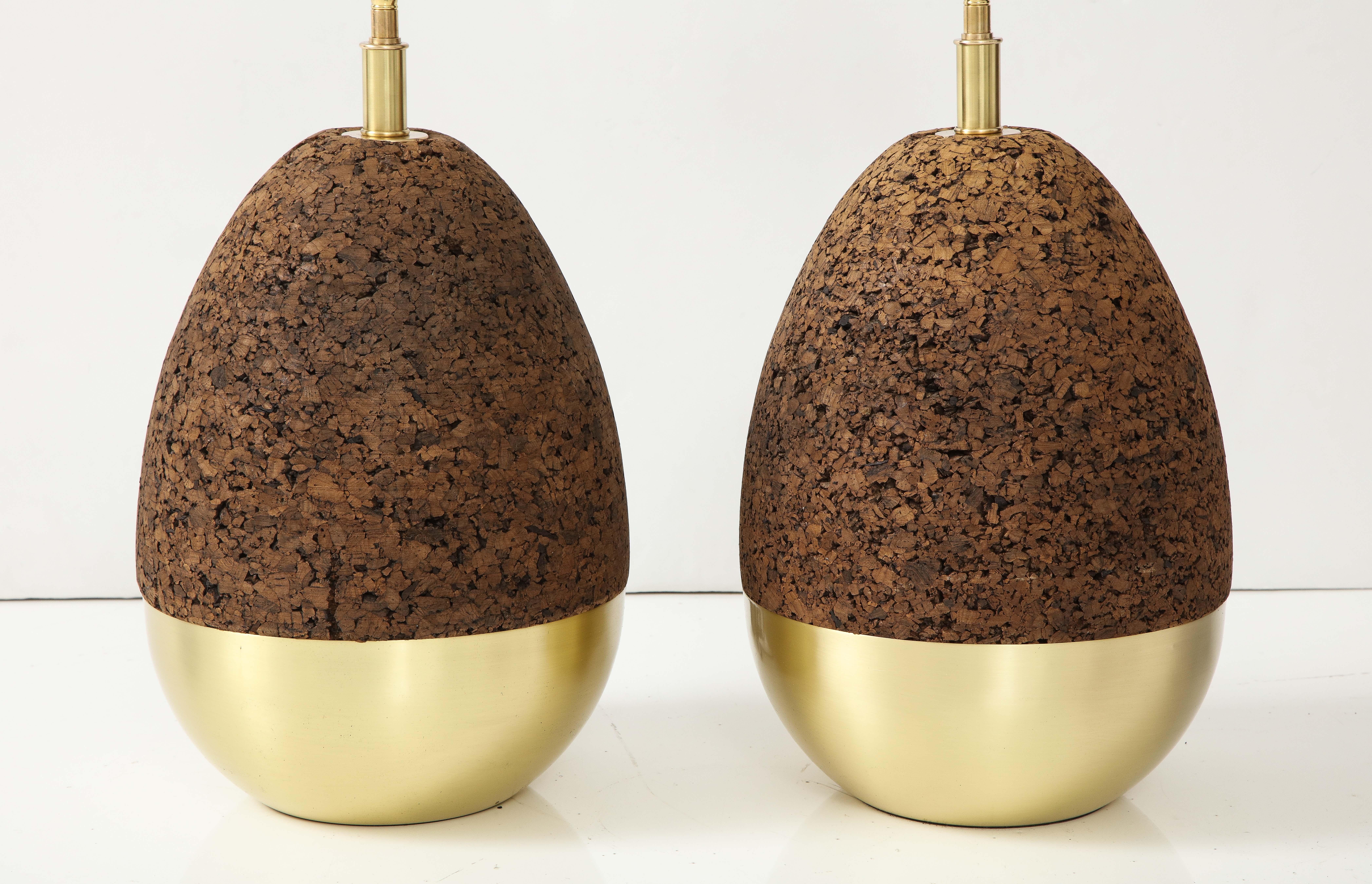 American Pair of Mid-Century Modern Cork and Brass Table Lamps For Sale