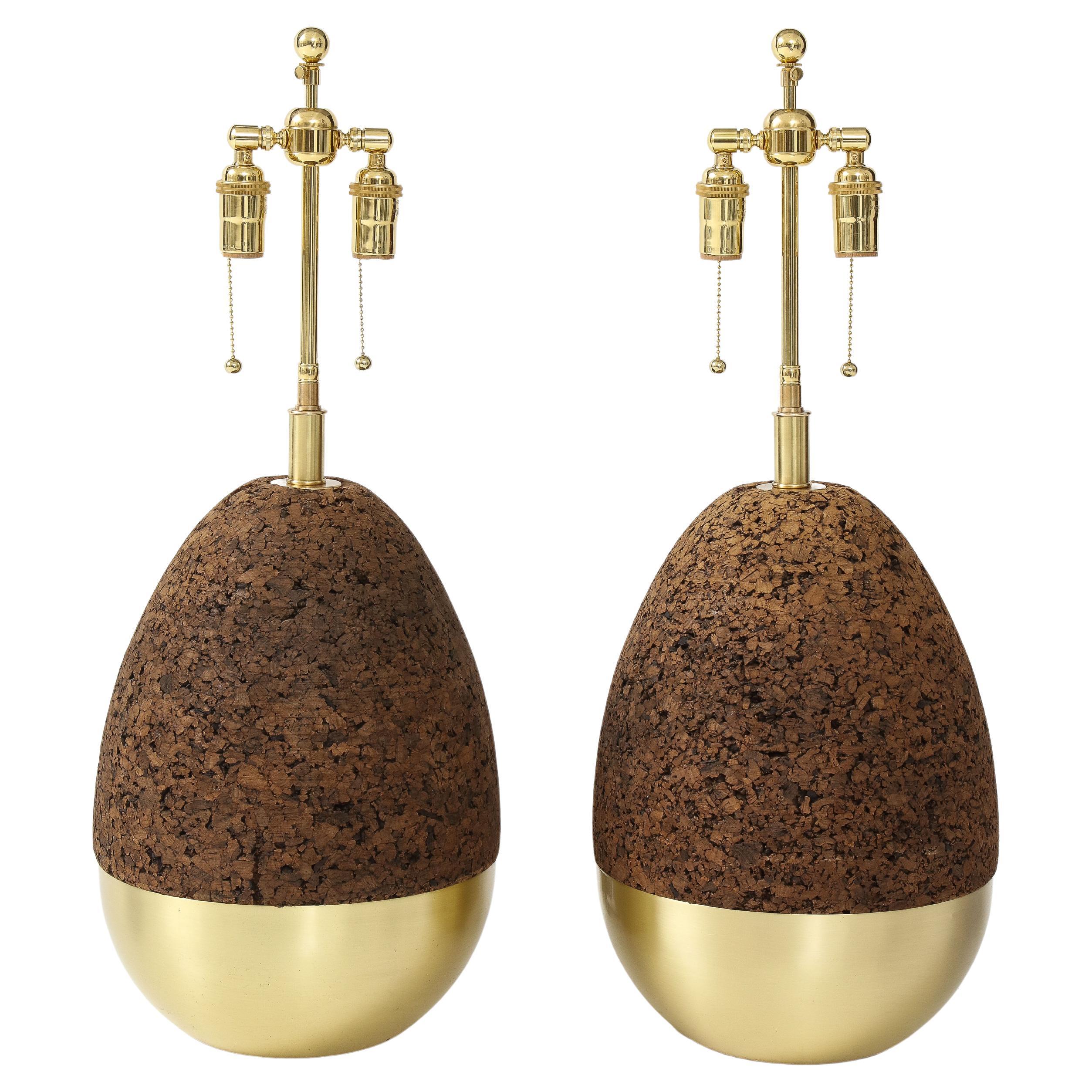 Pair of Mid-Century Modern Cork and Brass Table Lamps For Sale