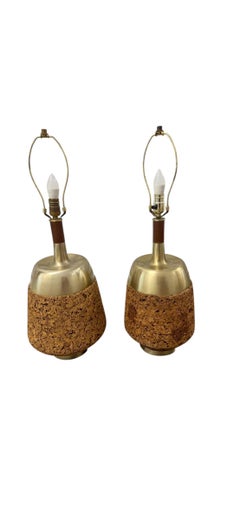 Pair of Mid-Century Modern Cork Brass and Walnut Table Lamps, Circa 1970