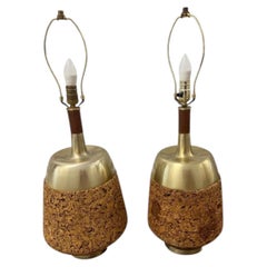 Pair of Mid-Century Modern Cork Brass and Walnut Table Lamps, Circa 1970