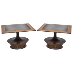 Pair of Mid-Century Modern Cork Sculpted Walnut Glass Square Low Side Tables