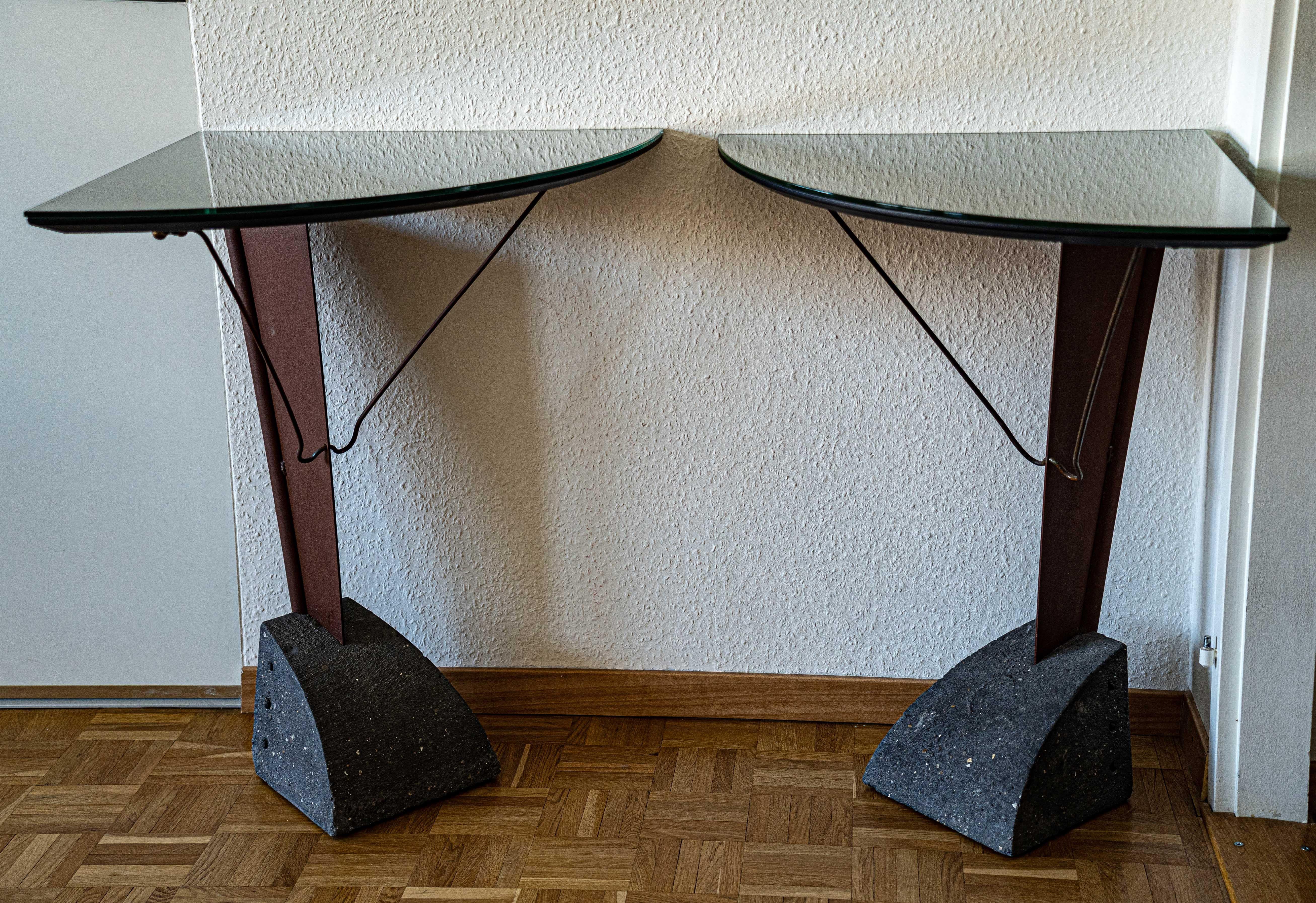 French Pair of Mid-Century Modern Corner Console Tables For Sale