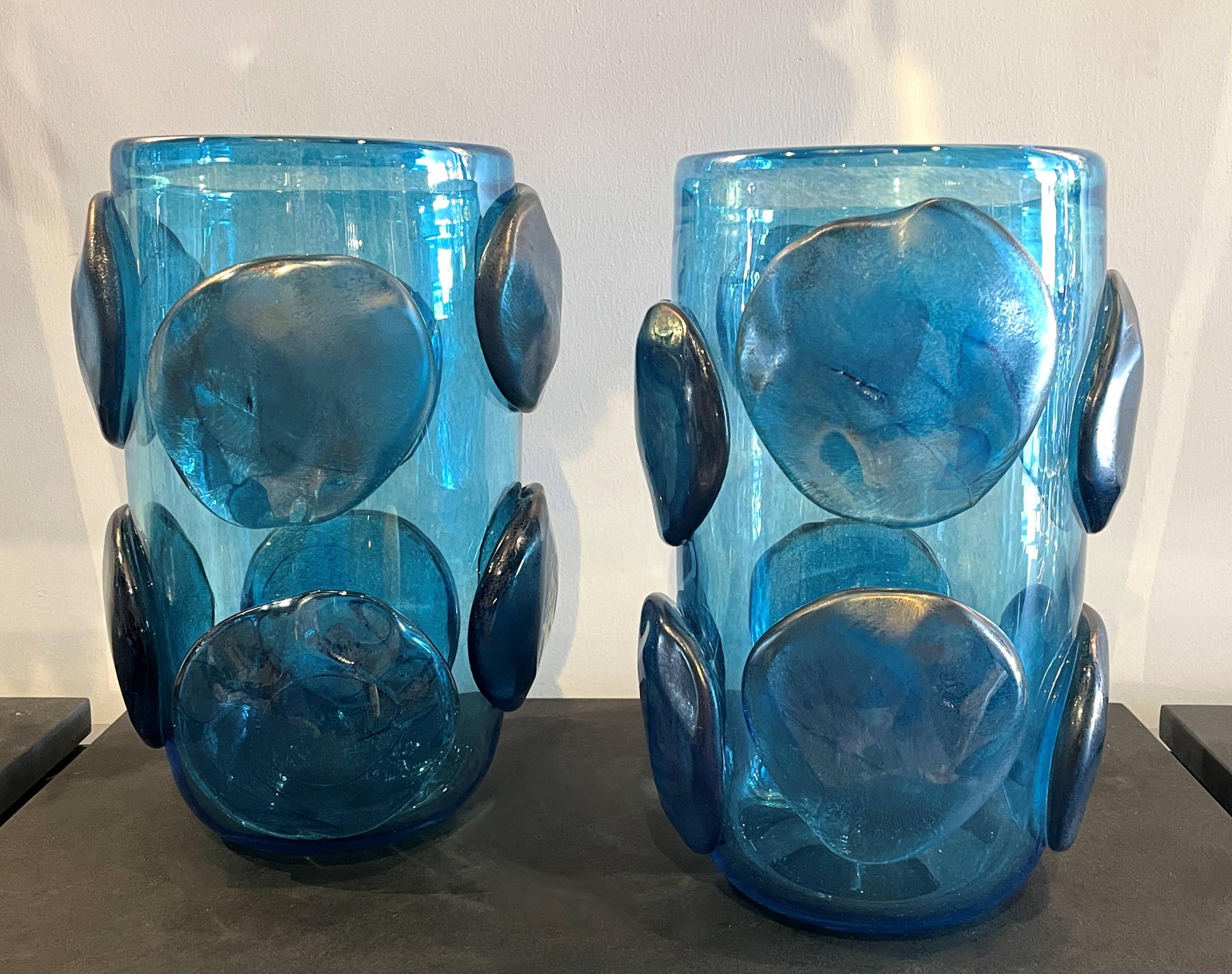 Pair of Mid-Century Modern Costantini Blue Murano Glass Italian Vases In Good Condition In Miami, FL