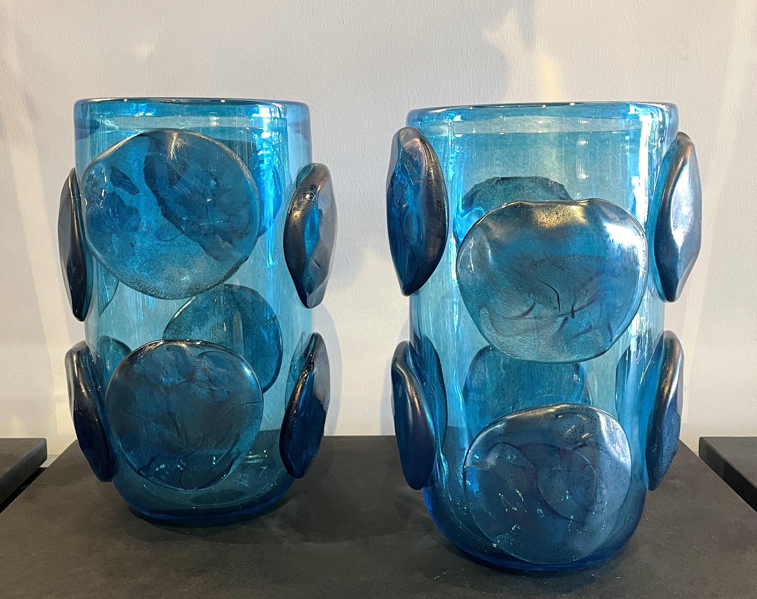 20th Century Pair of Mid-Century Modern Costantini Blue Murano Glass Italian Vases