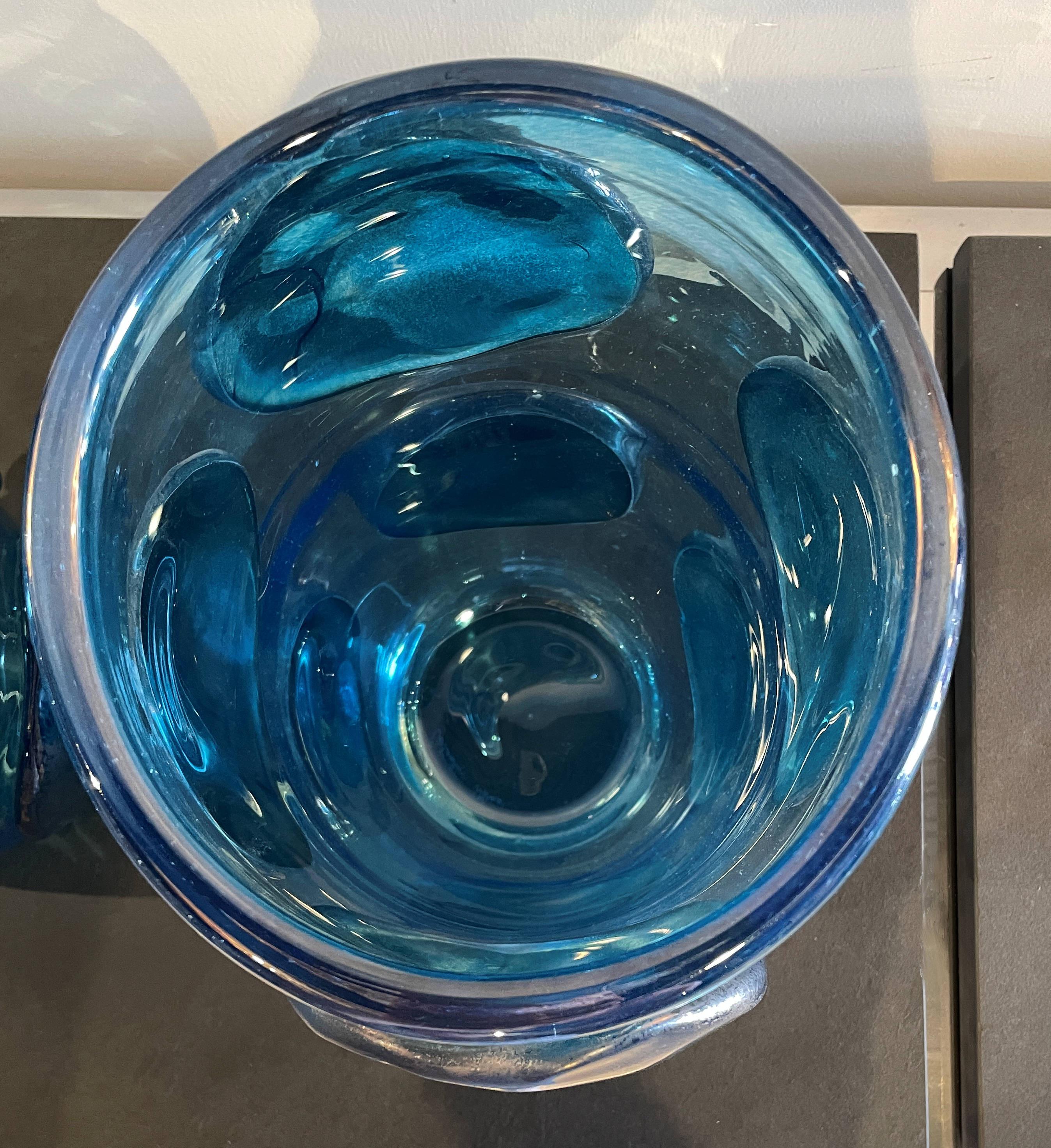 Blown Glass Pair of Mid-Century Modern Costantini Blue Murano Glass Italian Vases
