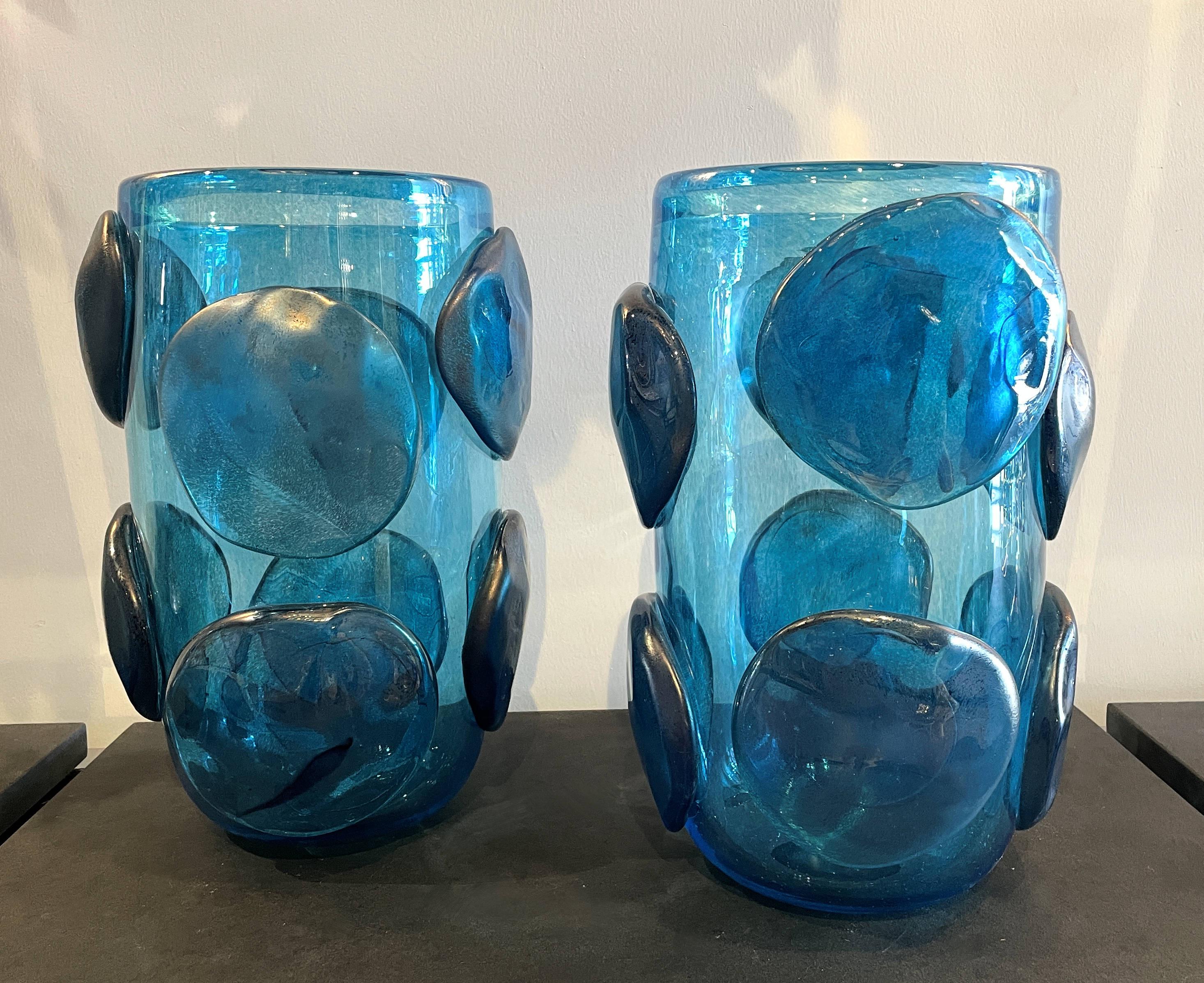 Pair of Mid-Century Modern Costantini Blue Murano Glass Italian Vases 1