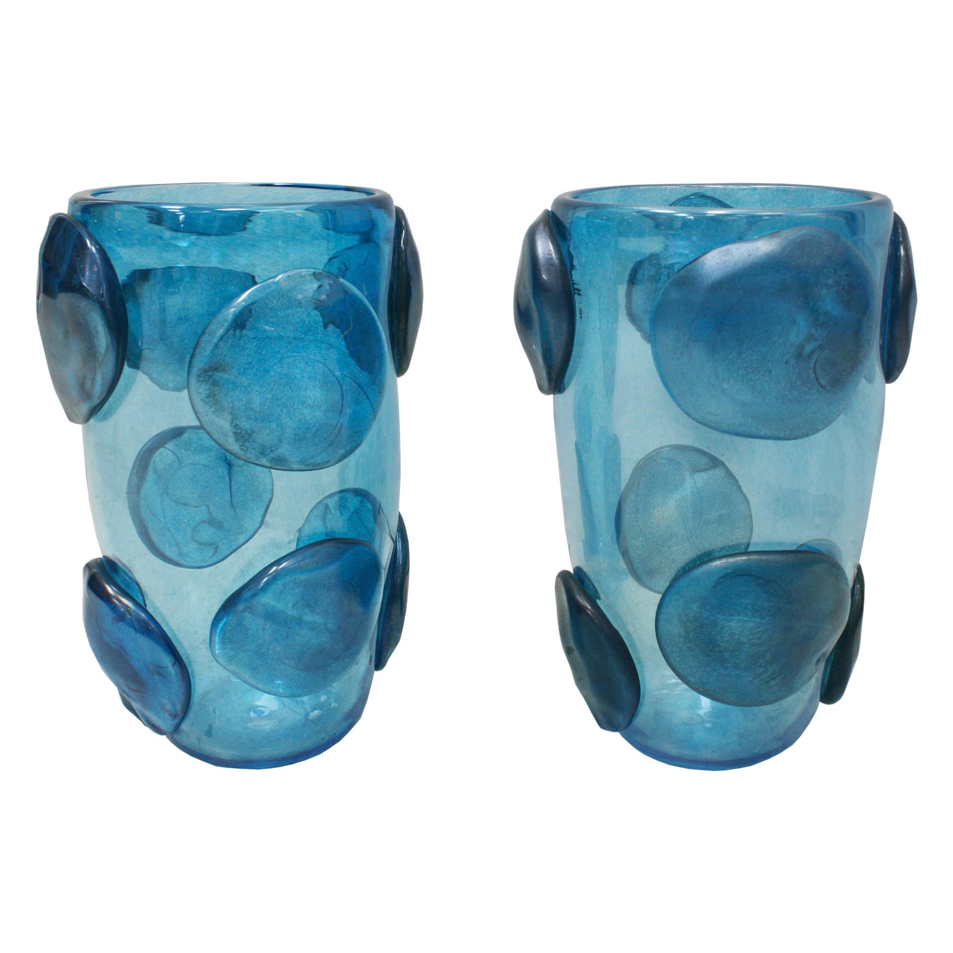 Pair of Mid-Century Modern Costantini Blue Murano Glass Italian Vases