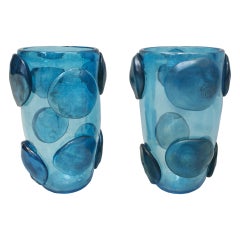 Paire de vases italiens Costantini en verre de Murano bleu, mi-siècle moderne