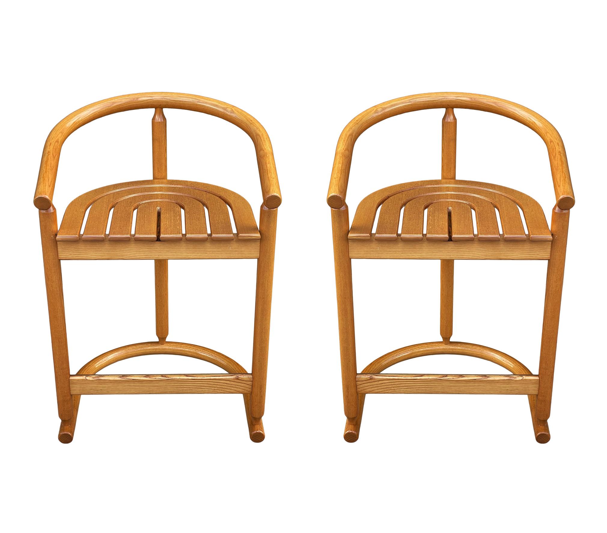 Pair of Mid Century Modern Counter Stools or Bar Stools in Oak by Allmilmo In Good Condition In Philadelphia, PA