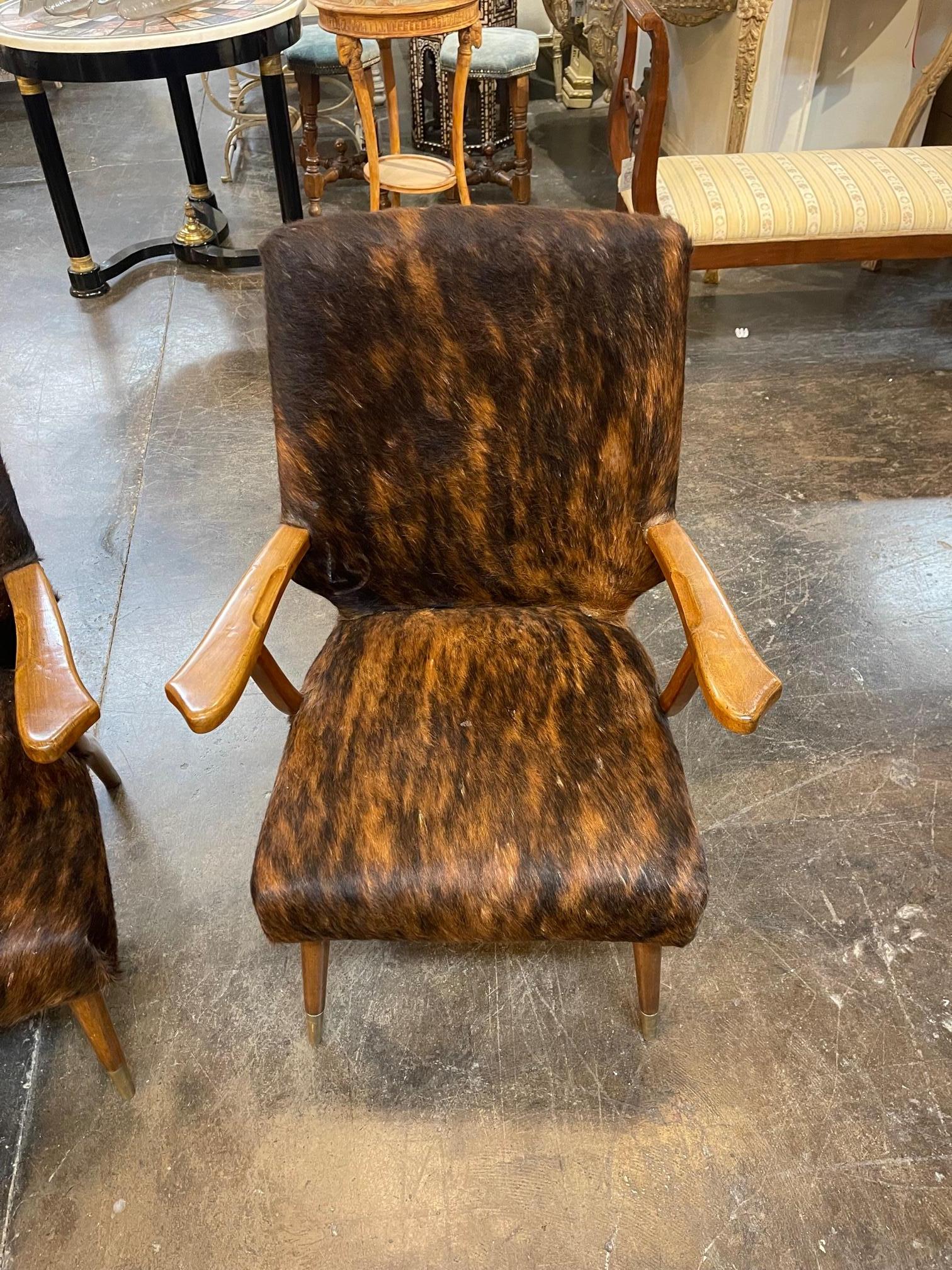 Italian Pair of Mid-Century Modern Cowhide Covered Armchairs